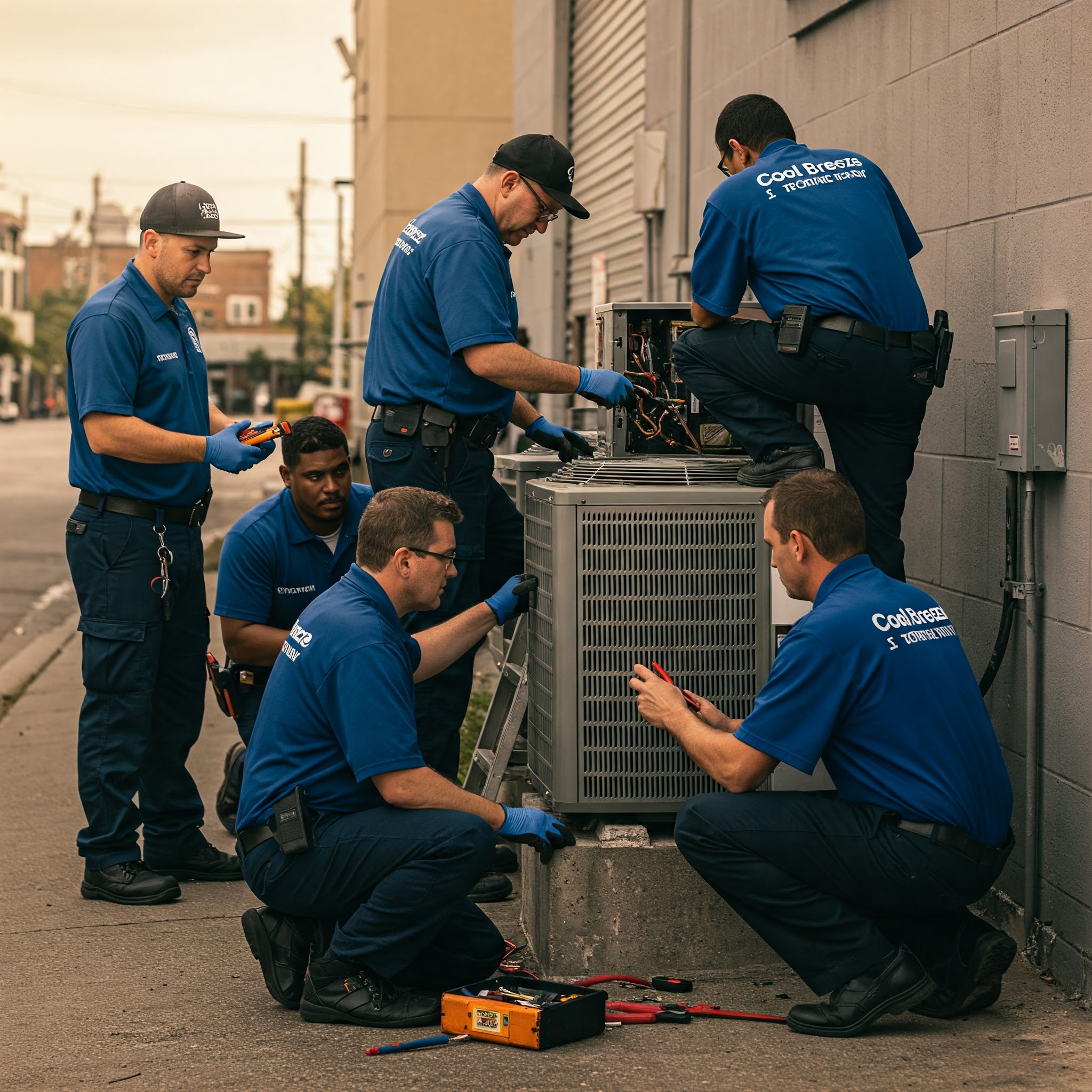 CoolBreeze technicians working together on an AC unit